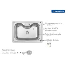 Cuba de Embutir Inox 69x49x20,3cm Morgana com Válvula Acetinado 304 - Ref. 93806192 - TRAMONTINA