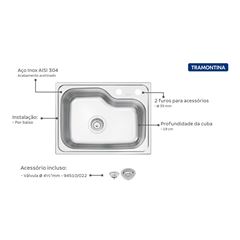 Cuba de Embutir em Inox 55x42 Morgana Retangular com Válvula Acetinado - Ref. 93815/192 - TRAMONTINA