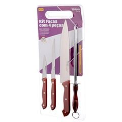 Kit de Facas e Chaira em Inox 4 Peças com Cabo de Plástico Marrom WESTERN / REF. 1394